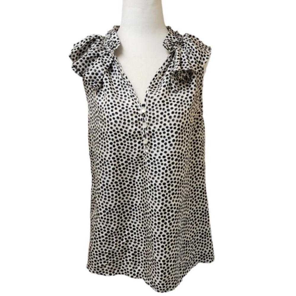 Cynthia Rowley 100 % Silk White Black Polka Dot V Neck Ruffle Sleeveless Top - Picture 2 of 7